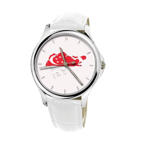 Singaporean Map - Fashion Watch White Genuine Leather 