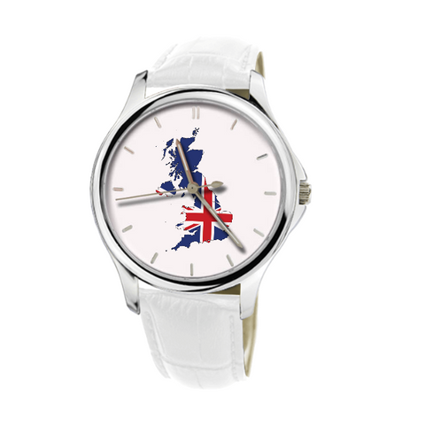Great Britain Map - Fashion Watch White Genuine Leather 