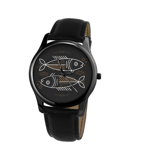 Pisces Watch - 30 Meters Waterproof Quartz Leisure Watch With Black Genuine Leather - H3