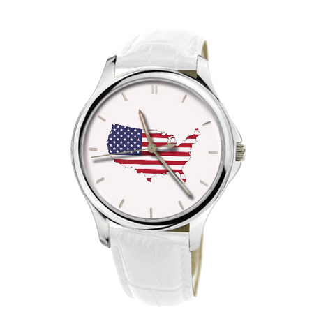 United States Map - Fashion Watch White Genuine Leather 