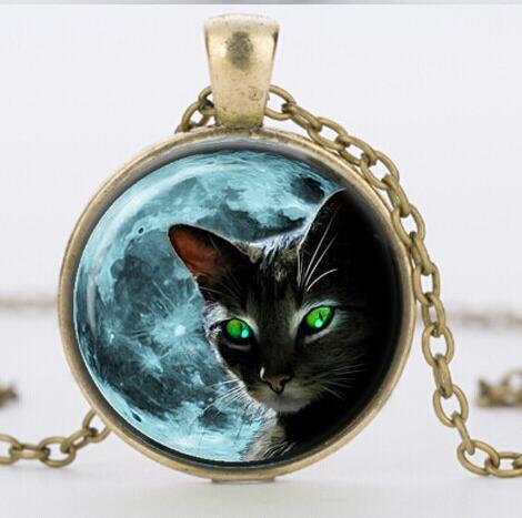 Blue Moon Black Cat Glass Necklace